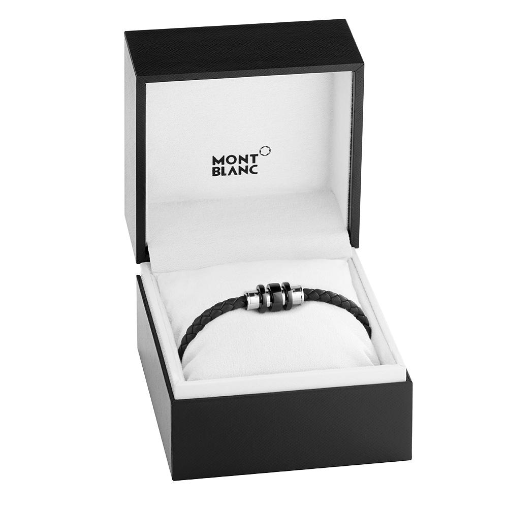 Bracelet in woven black leather with steel closure, black PVD finish and  three rings - Luxury Bracelets – Montblanc® BE