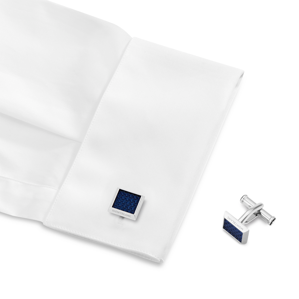 Cufflinks, rectangular in stainless steel with blue patterned inlay, image 2