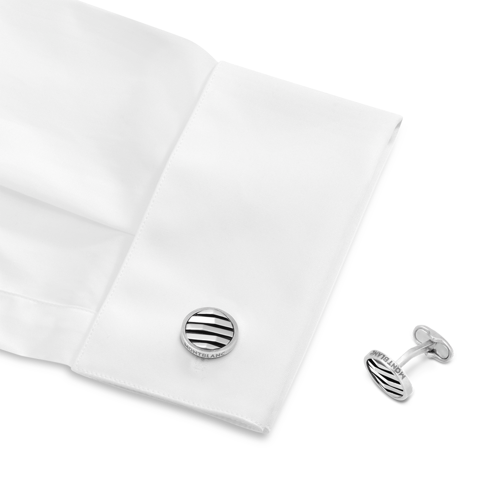 Cufflinks, round in silver with geometric inlay, image 2