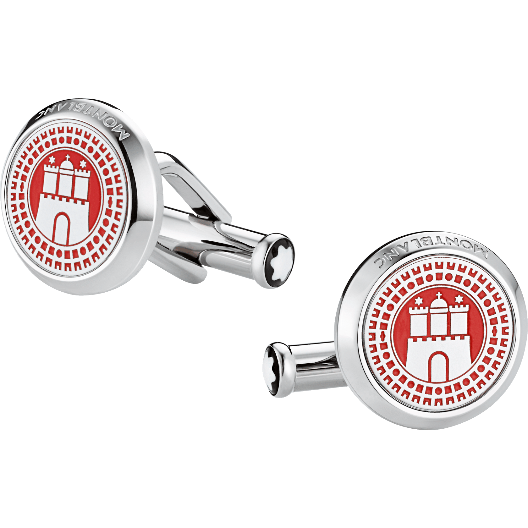 Cufflinks, round, stainless steel, Montblanc engraved and red lacquer, Hamburg Edition, image 1