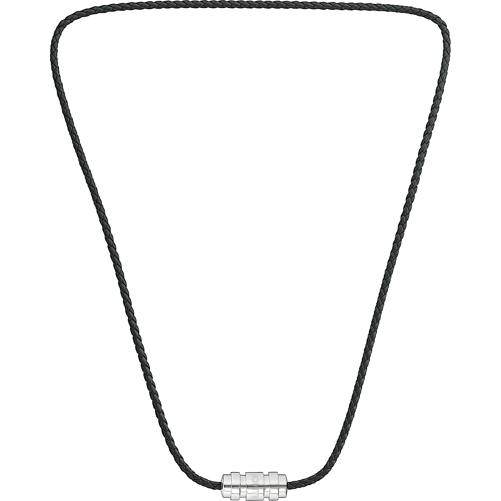 Silver Collection necklace in woven leather with bar-shaped pendant with 3 rings motif, image 1