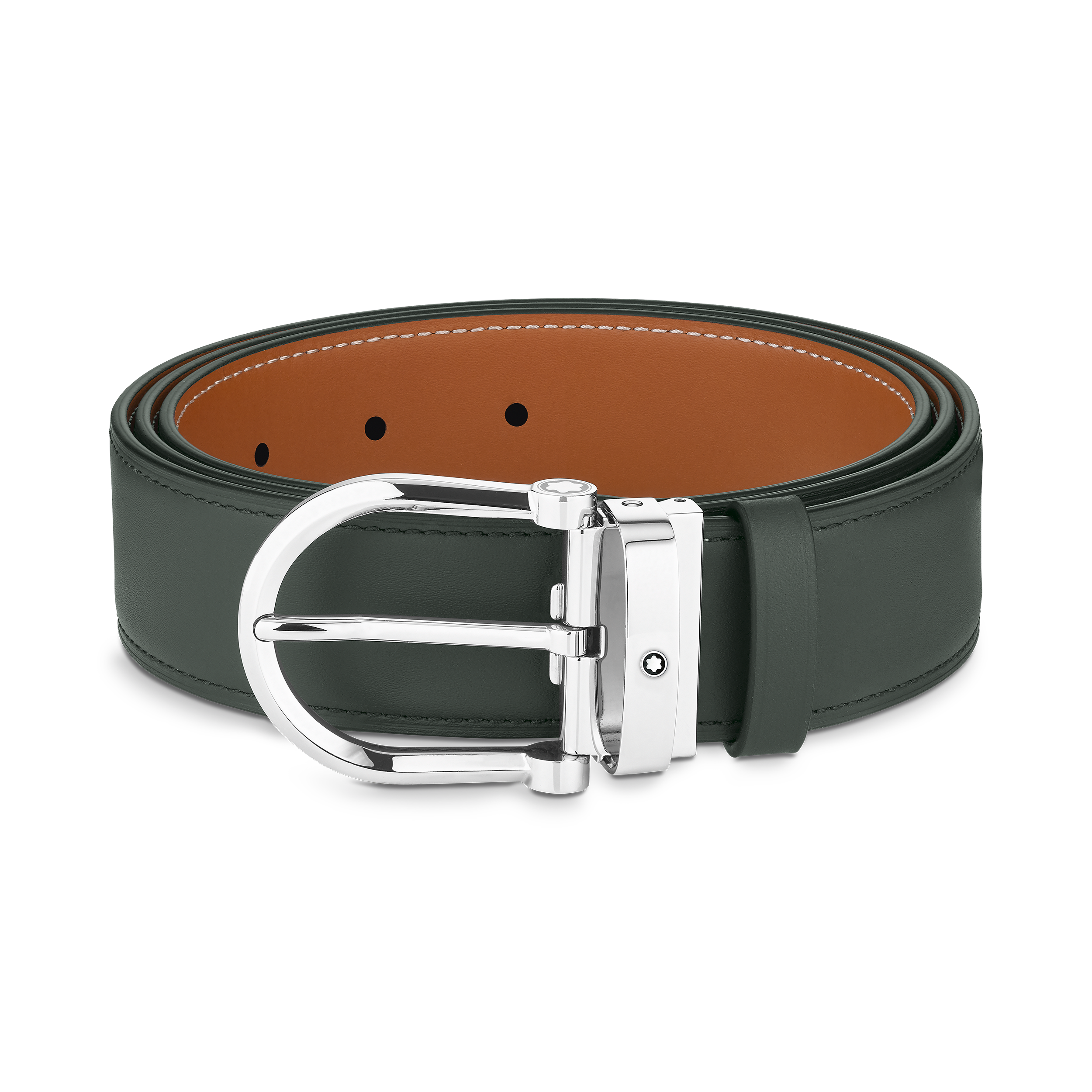 Horseshoe buckle green/tan 35 mm reversible leather belt, image 1