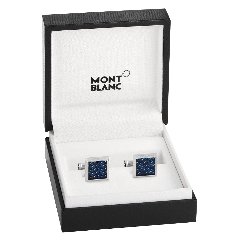 Cufflinks, rectangular in stainless steel with blue patterned inlay, image 5