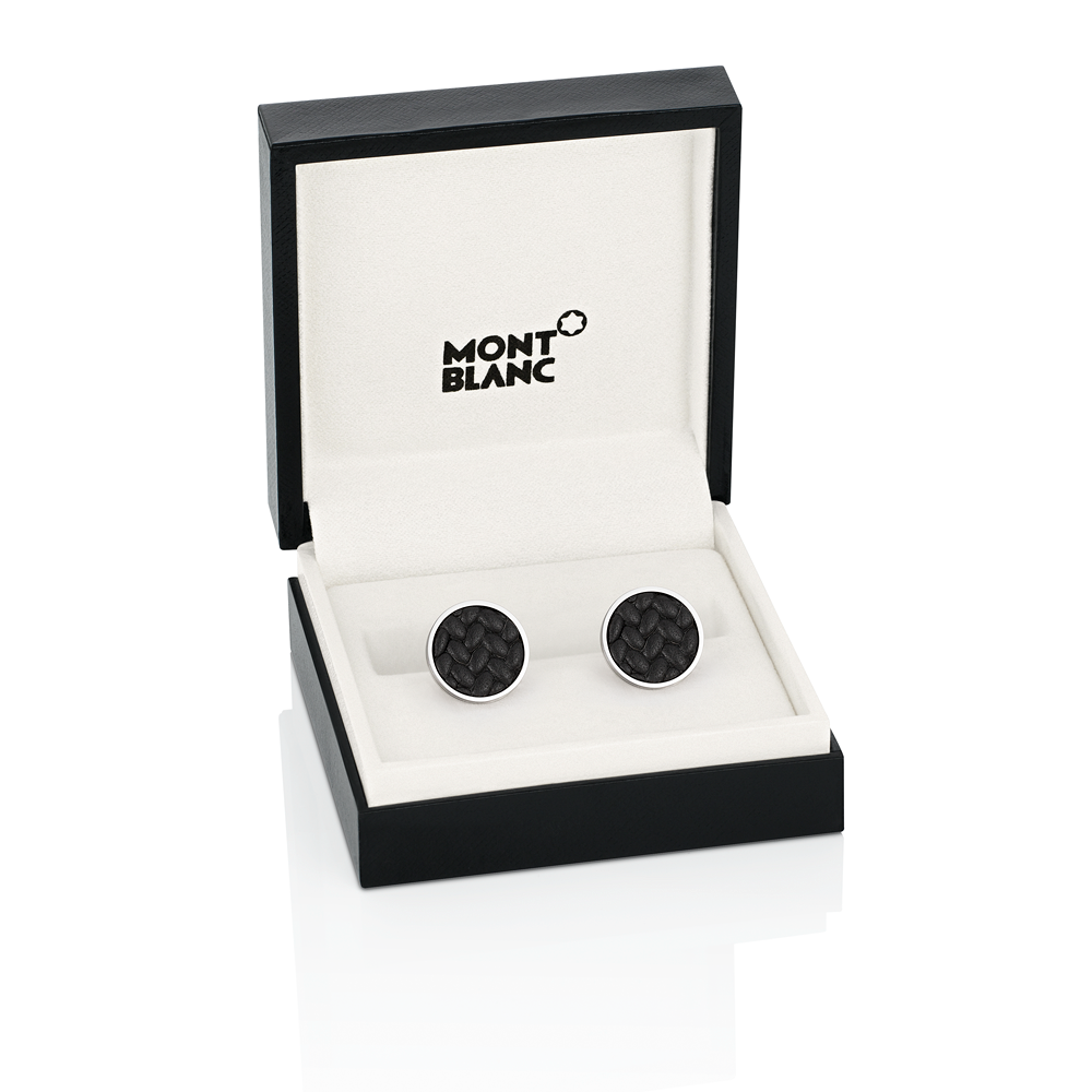 Cufflinks, round in stainless steel with leather and "Grains de Riz" motif, image 3