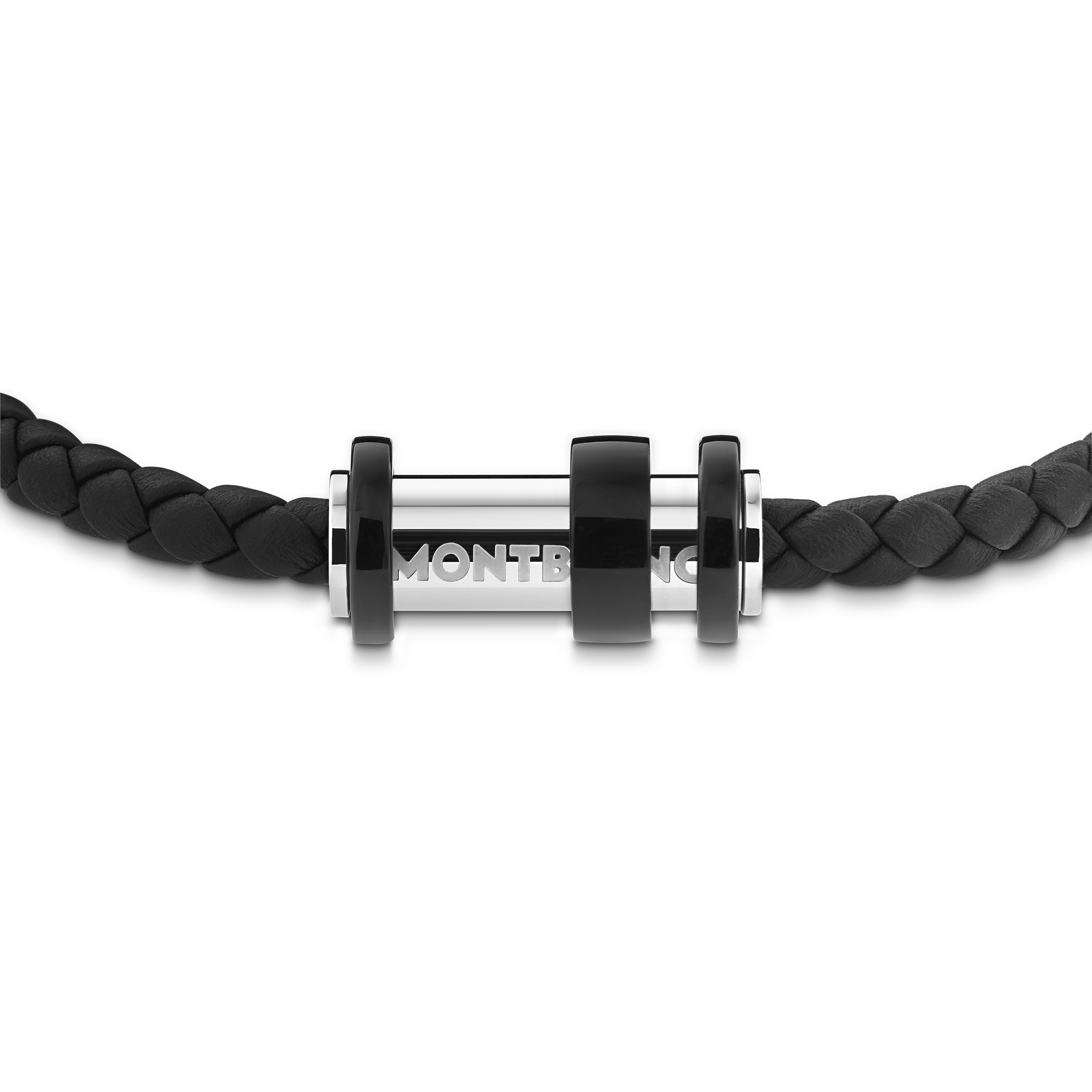 Bracelet in woven black leather with steel closing, black PVD 