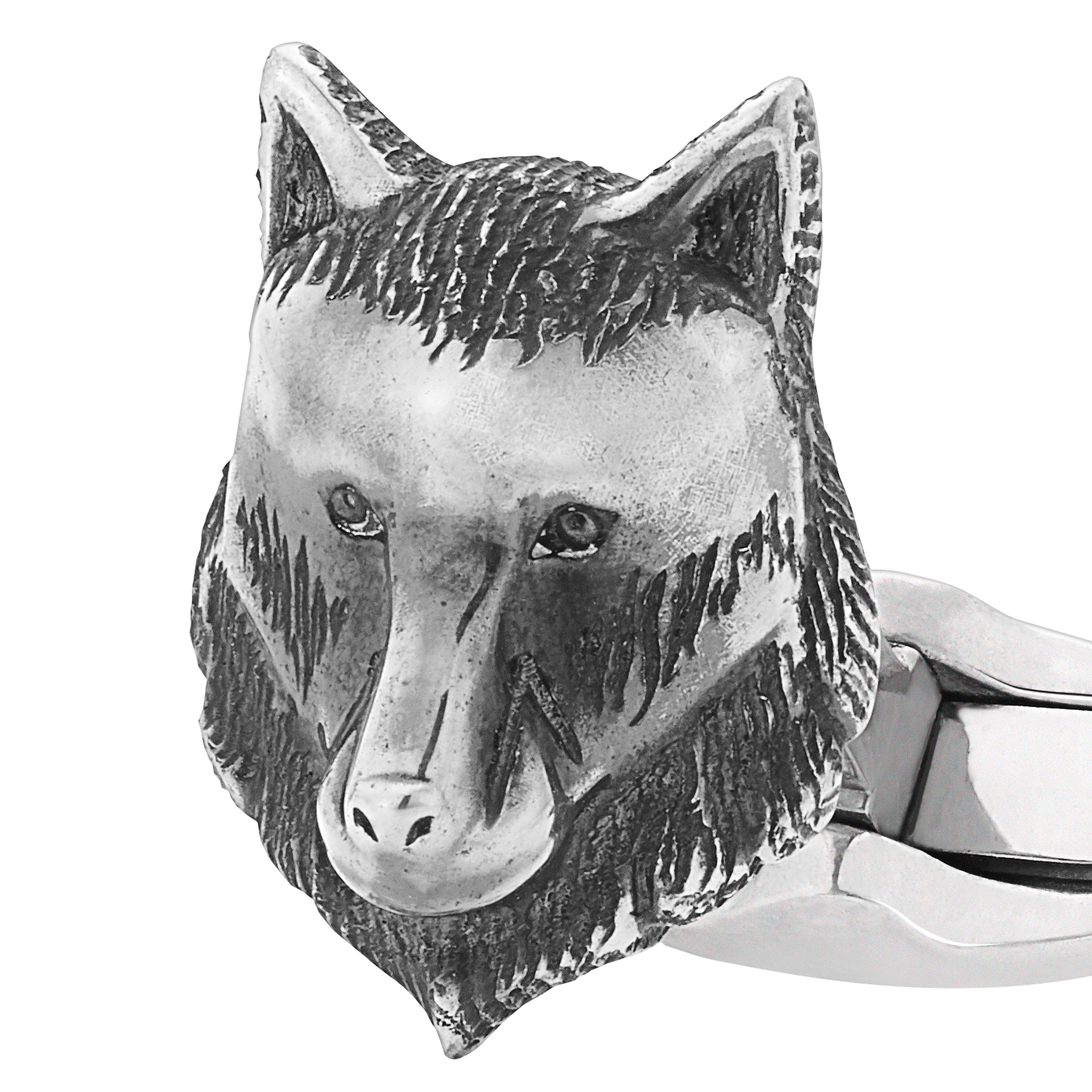 Cufflinks, wolf-head design in sterling silver