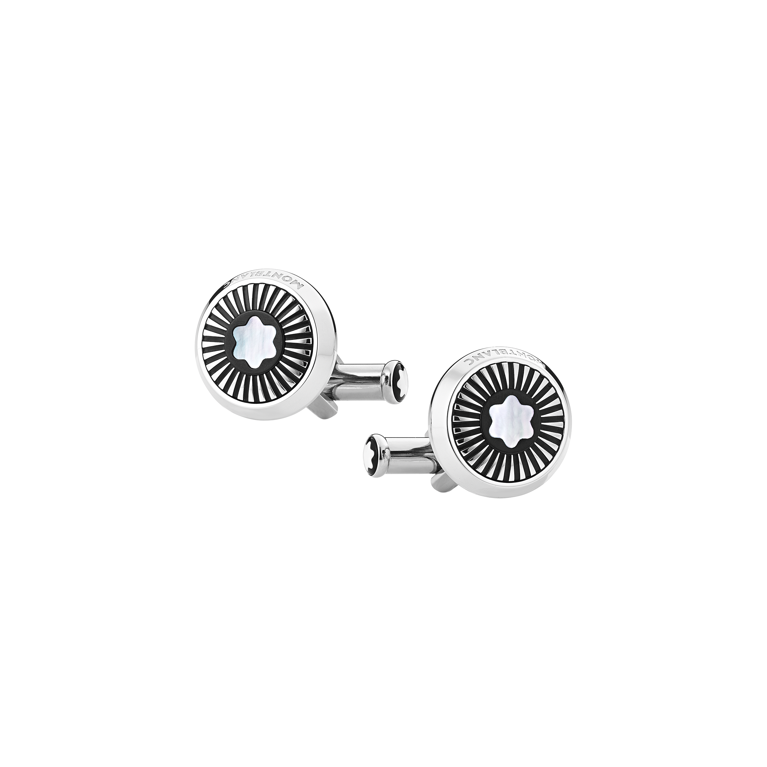 Cufflinks, round in stainless steel with ray pattern and mother-of-pearl snowcap emblem, image 1