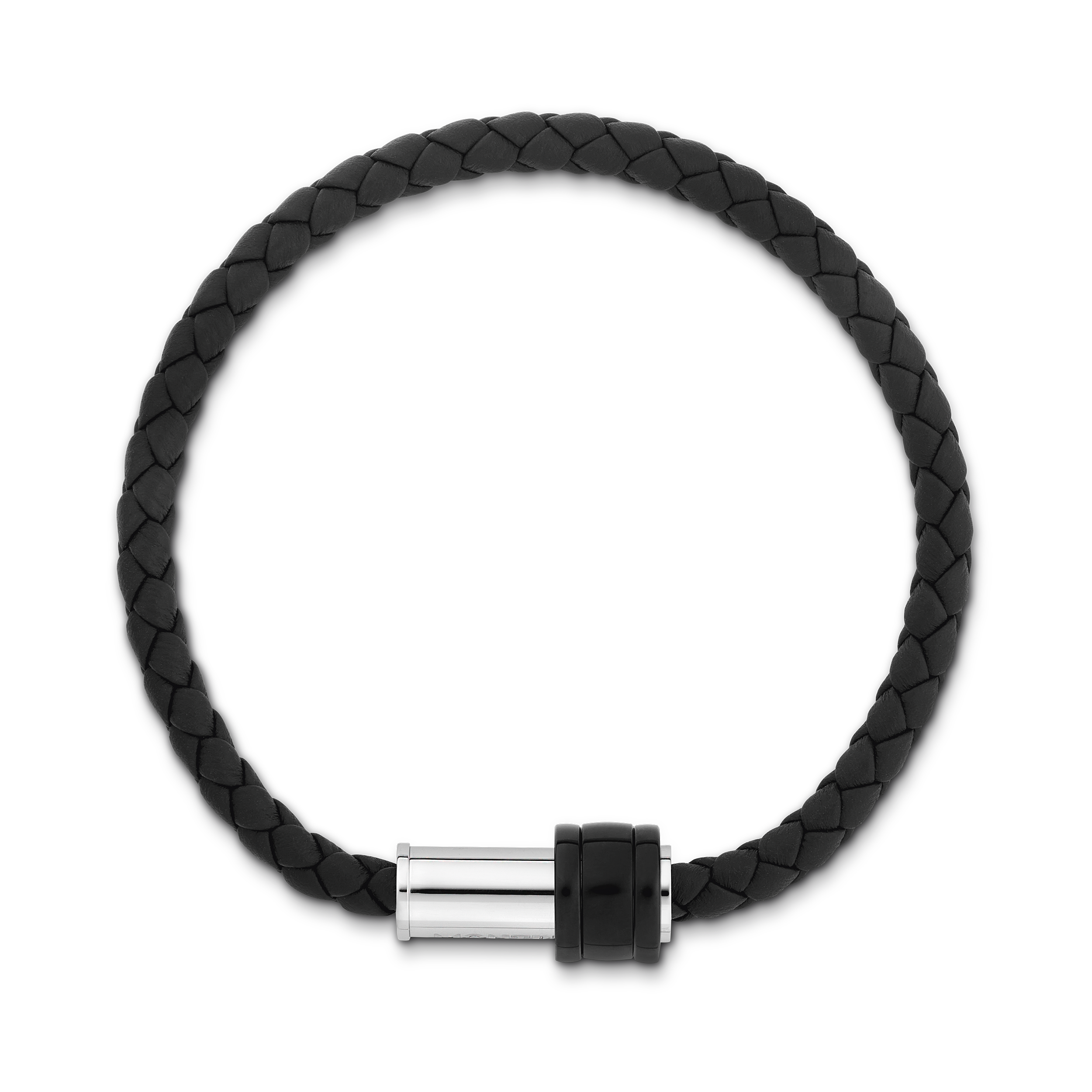 Bracelet in woven black leather with steel closing, black PVD 