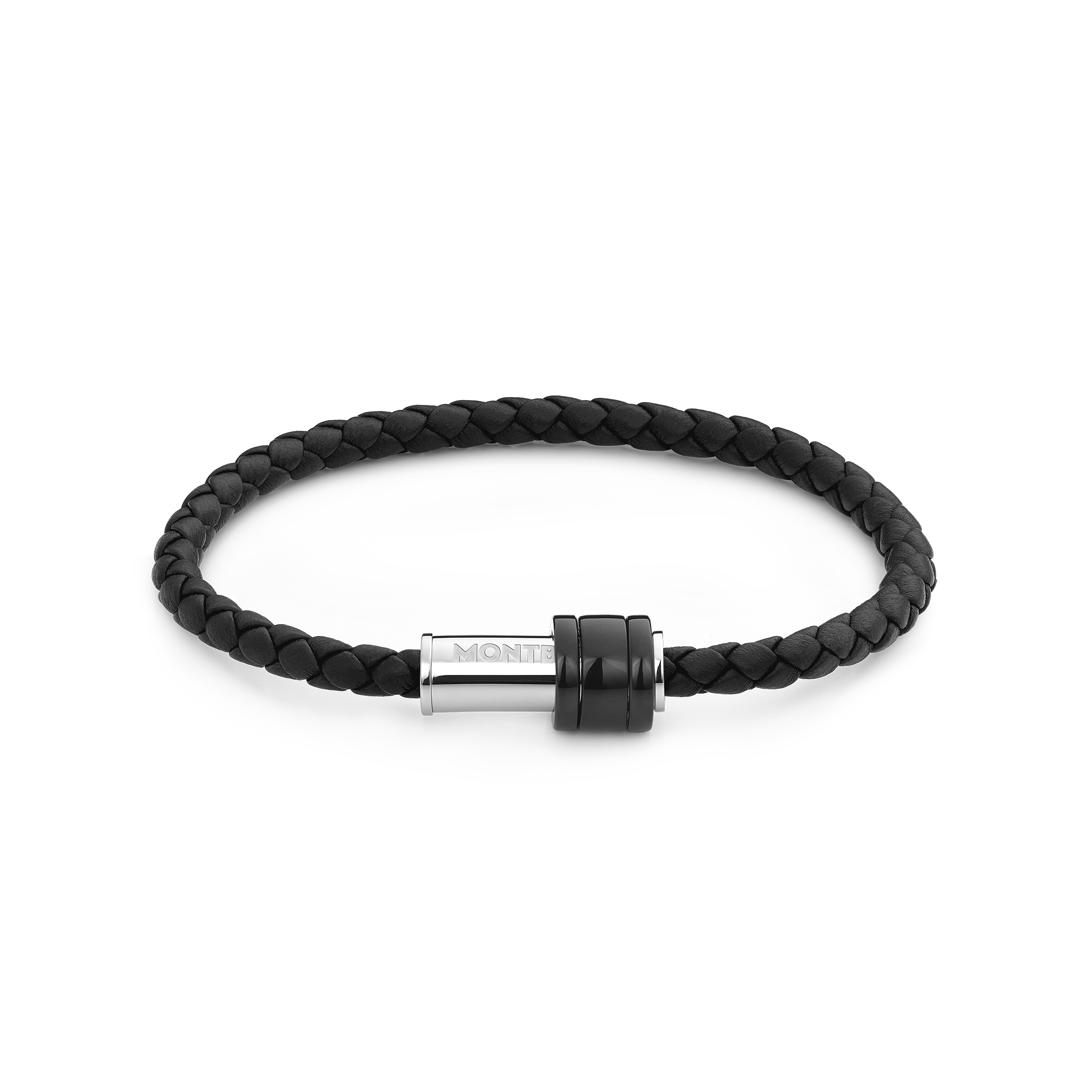 Bracelet in woven black leather with steel closing, black PVD 