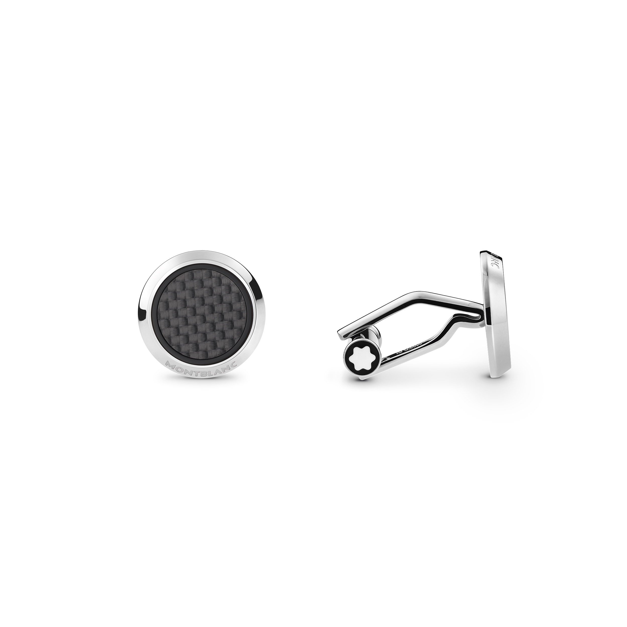 Cufflinks, round in stainless steel with carbon-patterned inlay, image 1