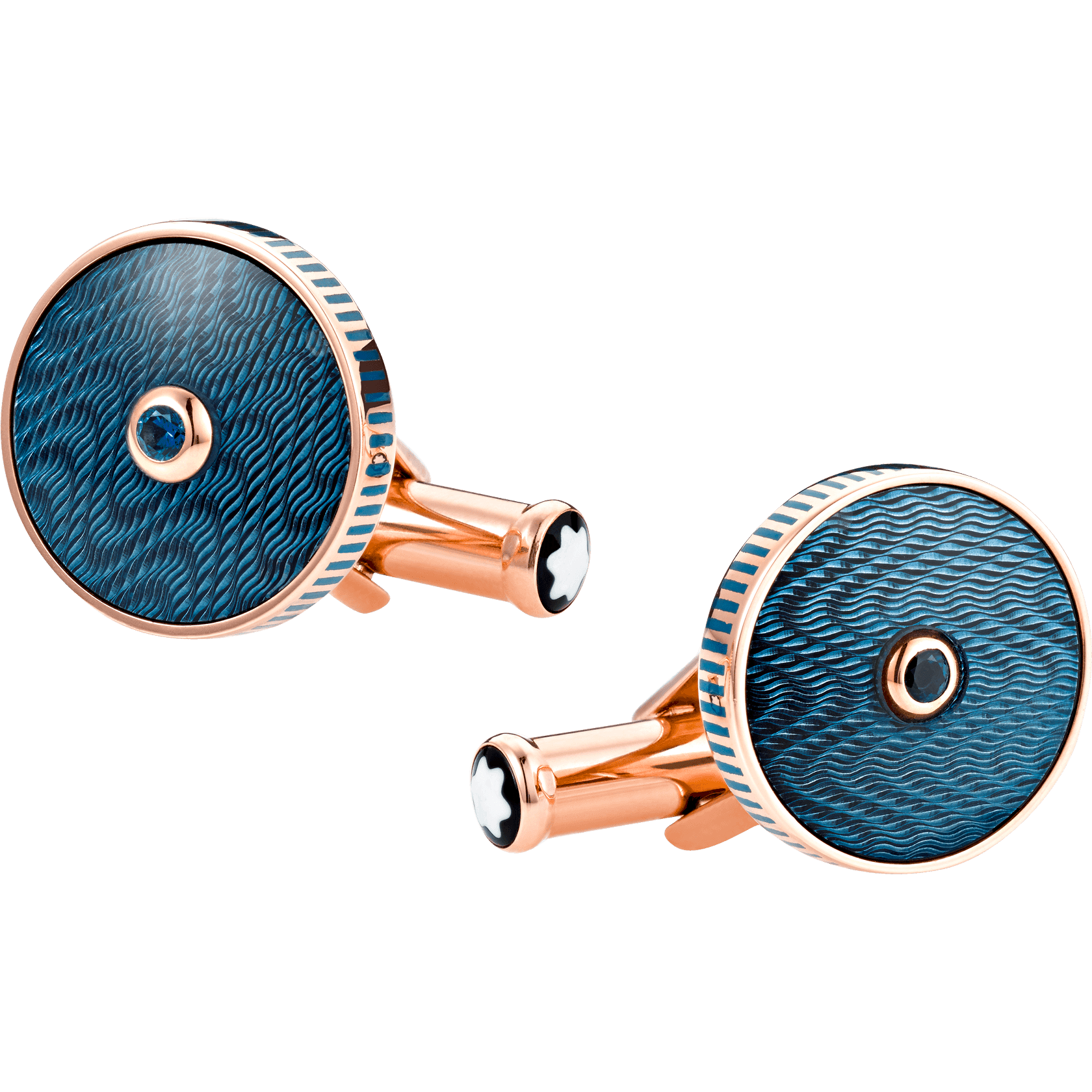 Cufflinks, round in rose gold, blue lacquer inlay adorned with sapphire, image 1