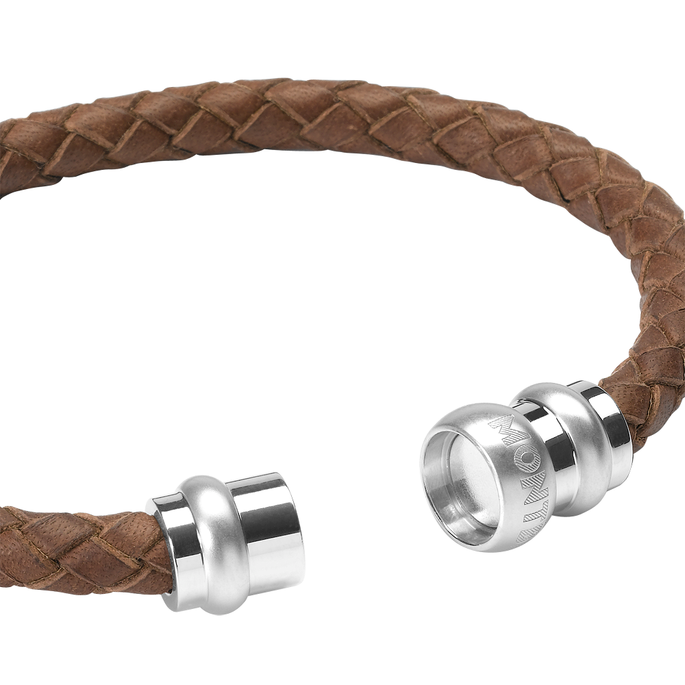 Silver Collection bracelet with brown woven leather, image 1