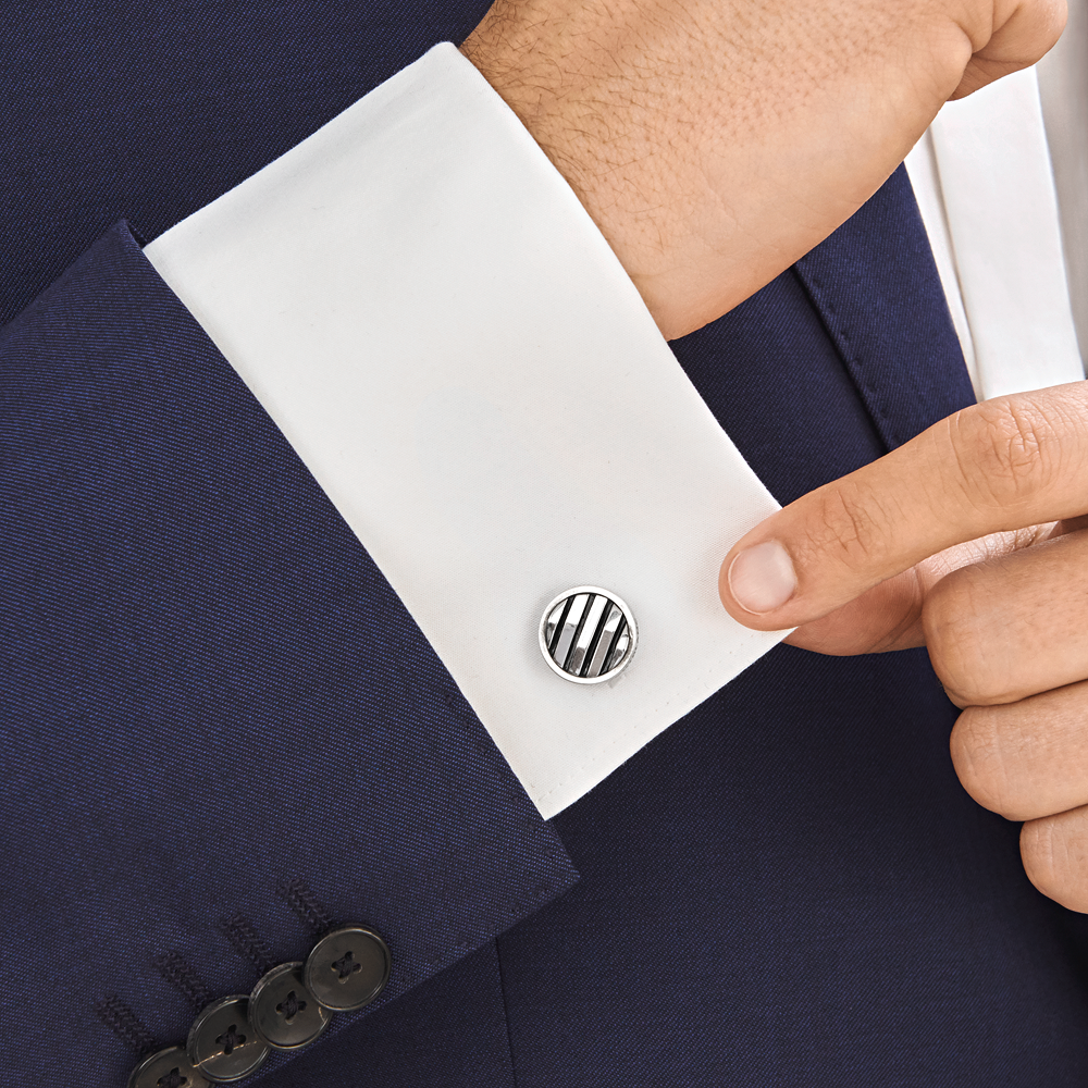 Cufflinks, round in silver with geometric inlay, image 4