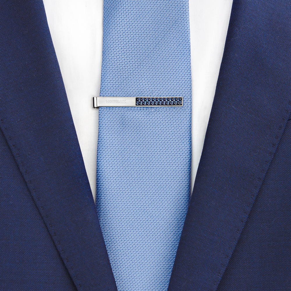 Tie Bar in Stainless Steel with Blue Patterned Inlay, image 4
