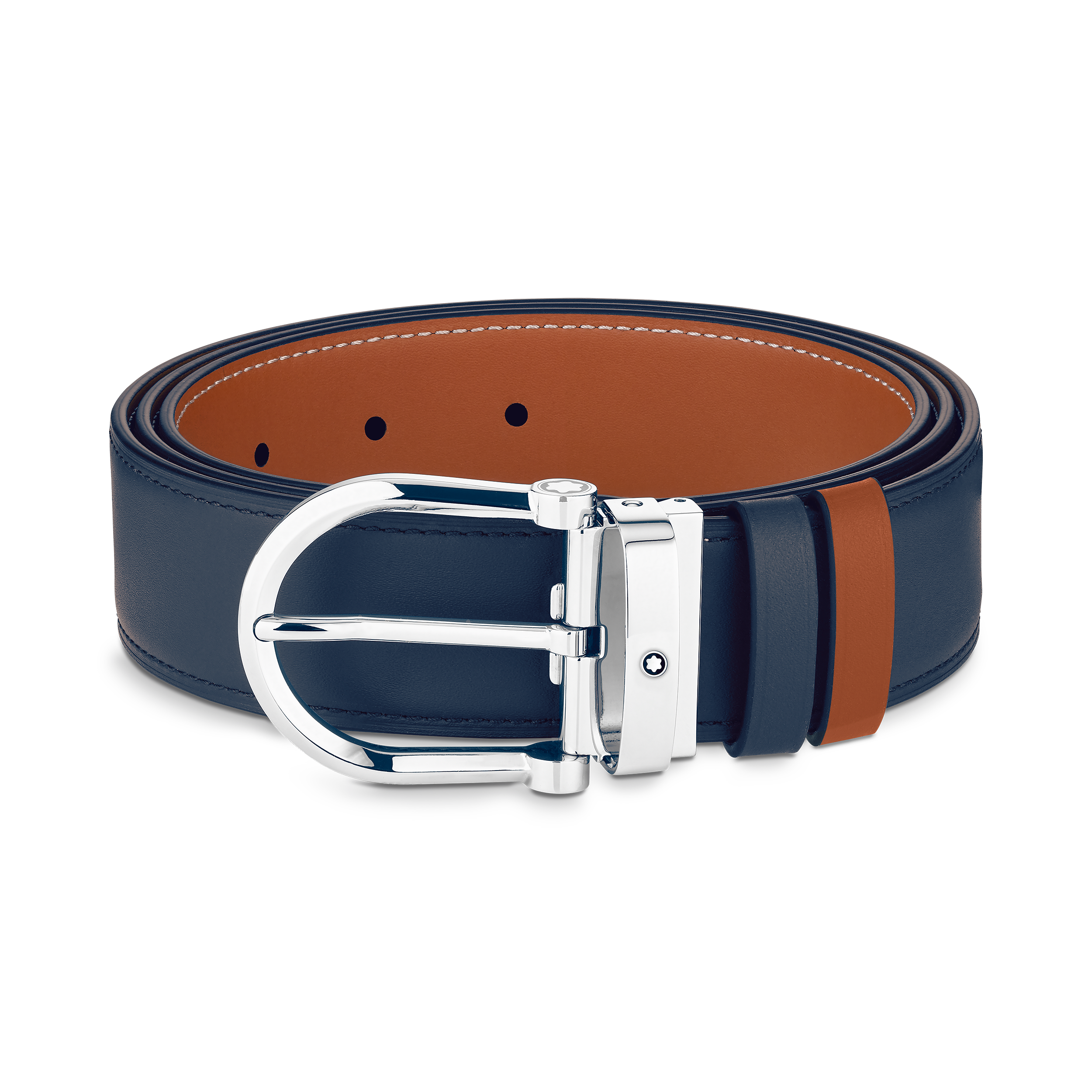 Horseshoe buckle blue/tan 35 mm reversible leather belt, image 1
