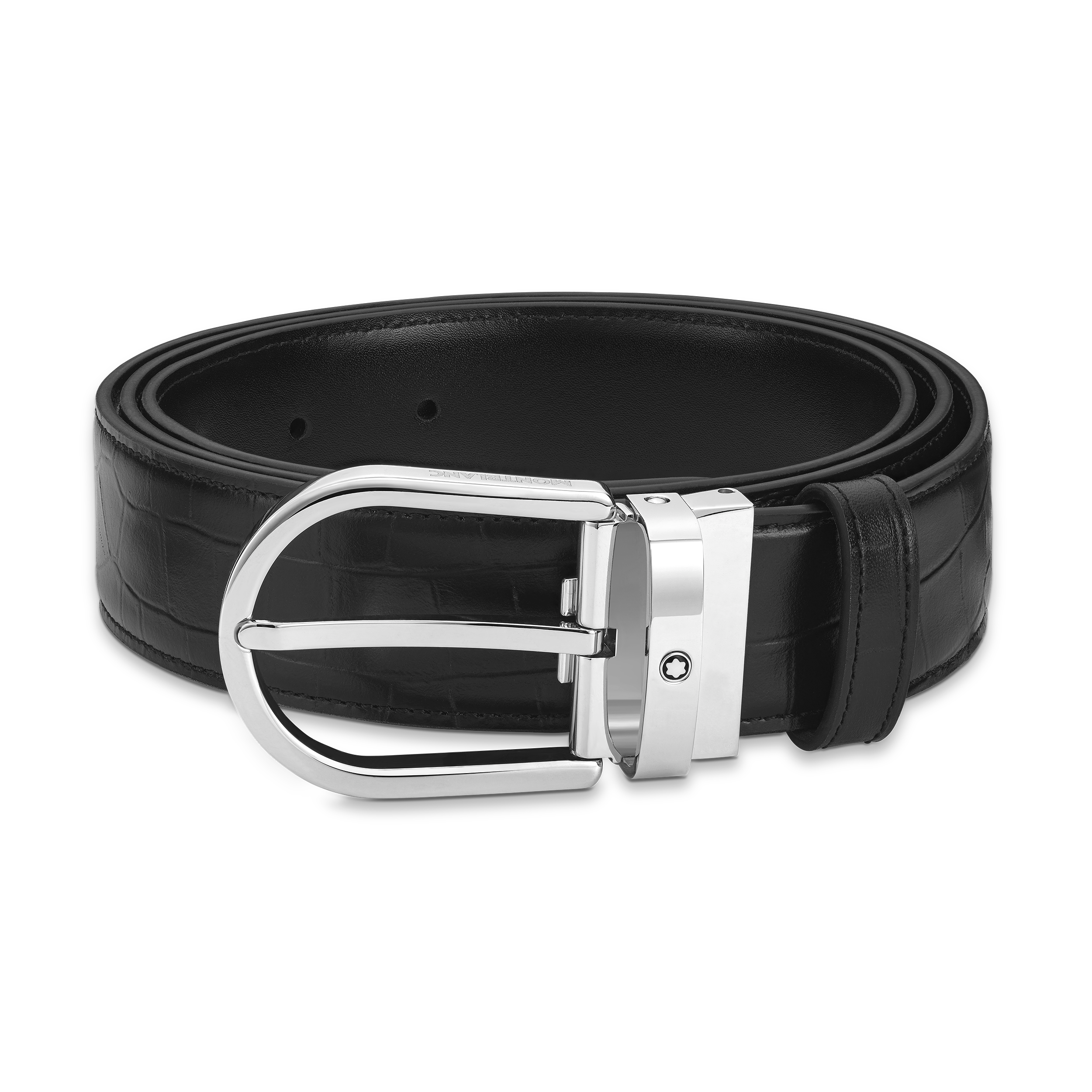 Horseshoe buckle printed black/plain black 35 mm reversible leather belt, image 1