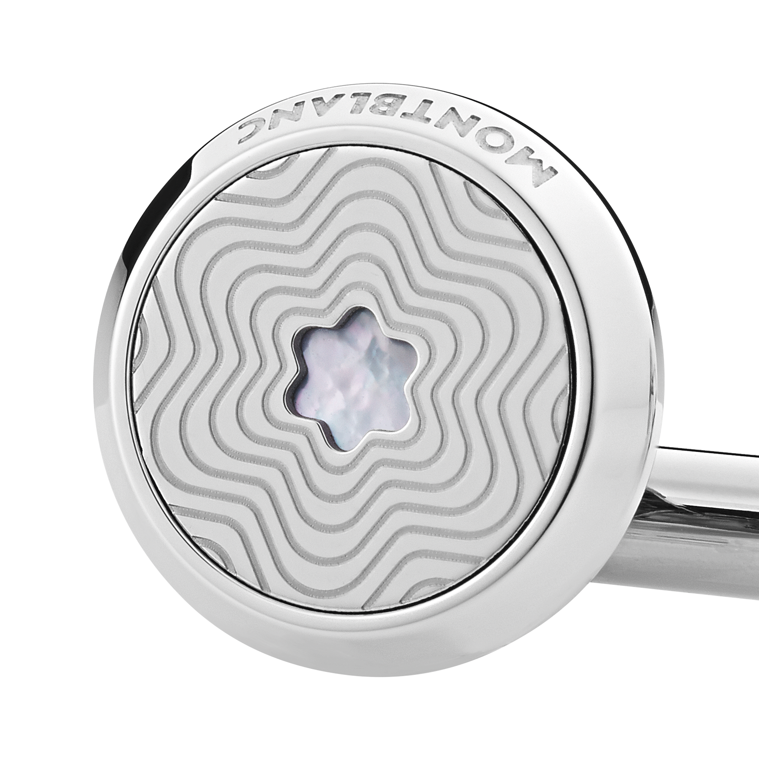 Cufflinks, round in stainless steel with exploding star pattern and mother-of-pearl snowcap emblem, image 2