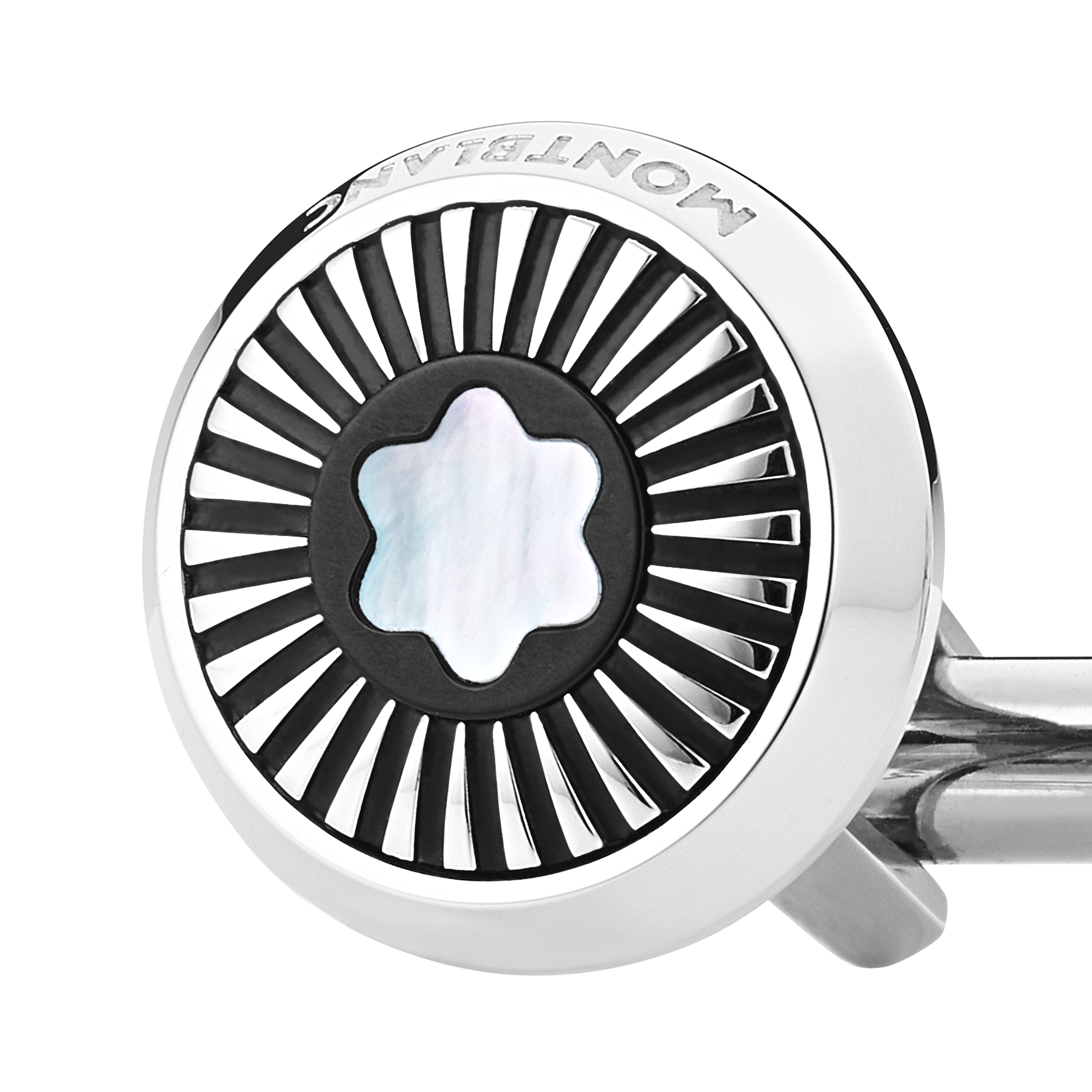 Cufflinks, round in stainless steel with ray pattern and mother-of-pearl snowcap emblem, image 2