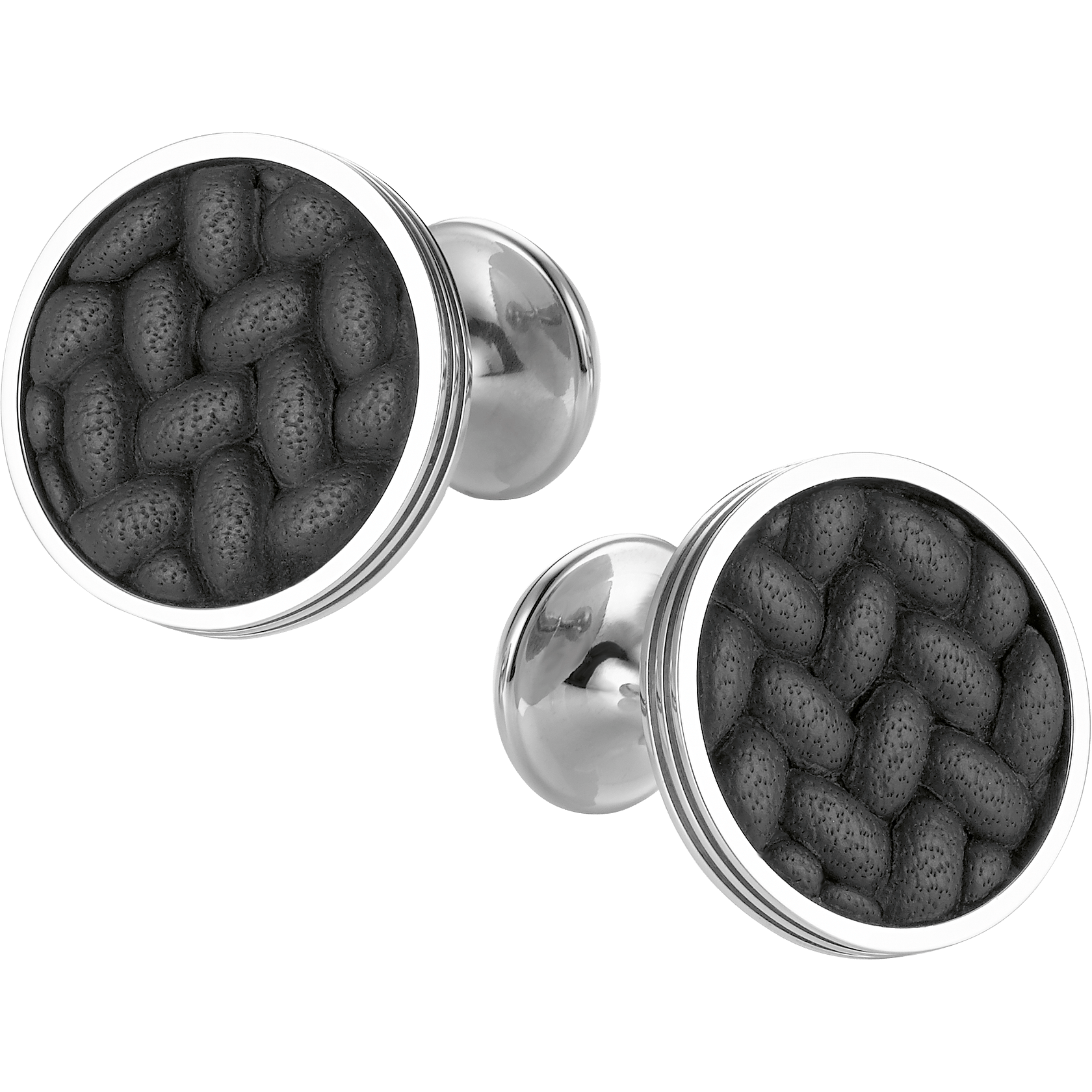 Cufflinks, round in stainless steel with leather and "Grains de Riz" motif, image 1