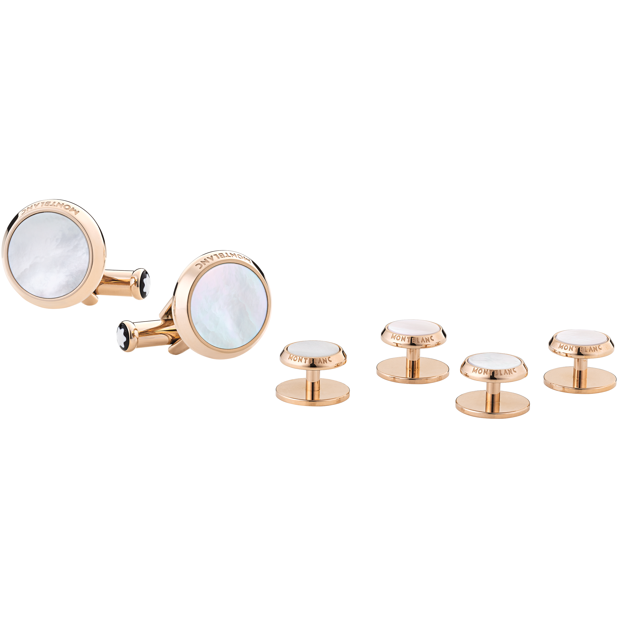 Cufflinks and tuxedo stud set in stainless steel with rose gold-colored PVD and mother-of-pearl, image 1