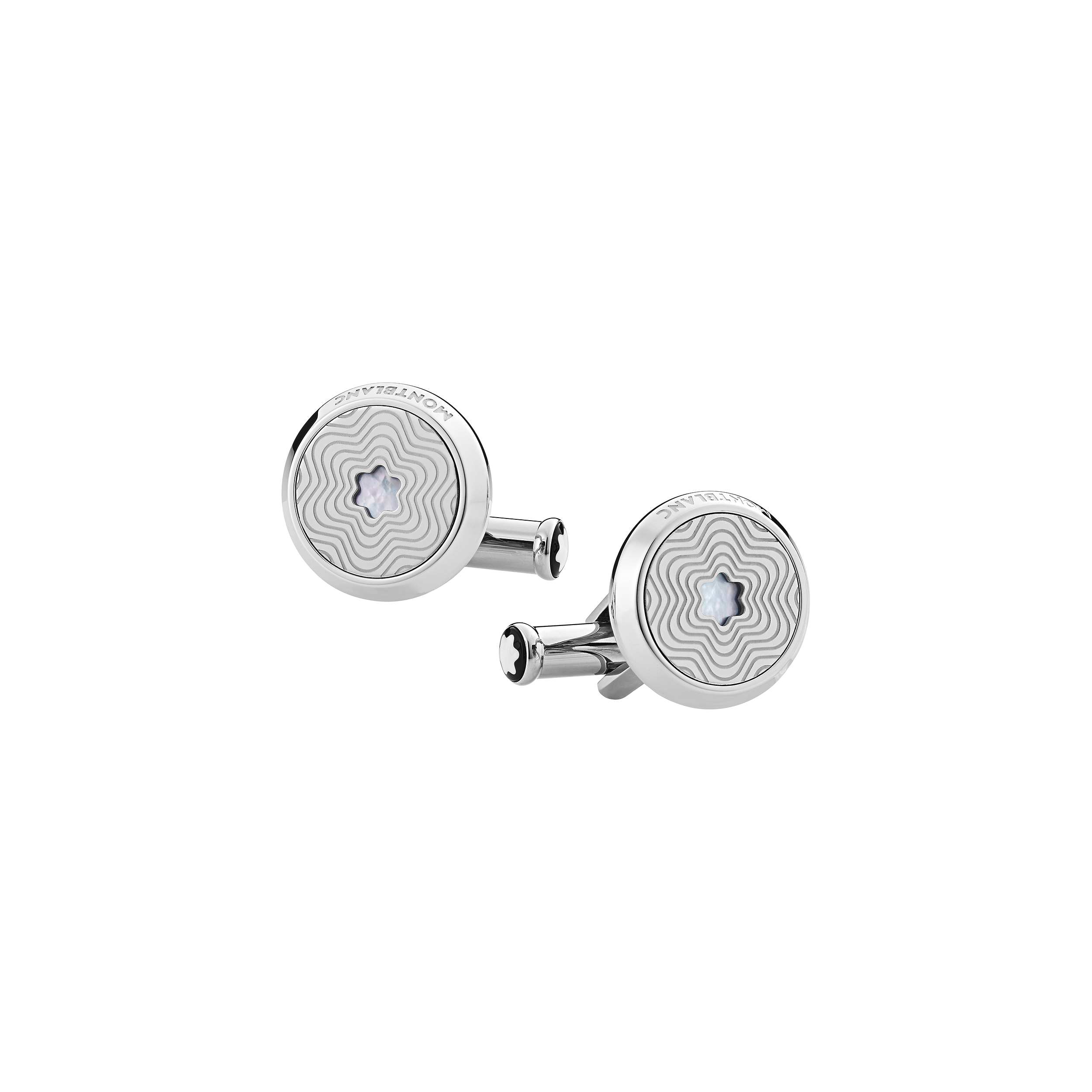 Cufflinks, round in stainless steel with exploding star pattern and mother-of-pearl snowcap emblem, image 1