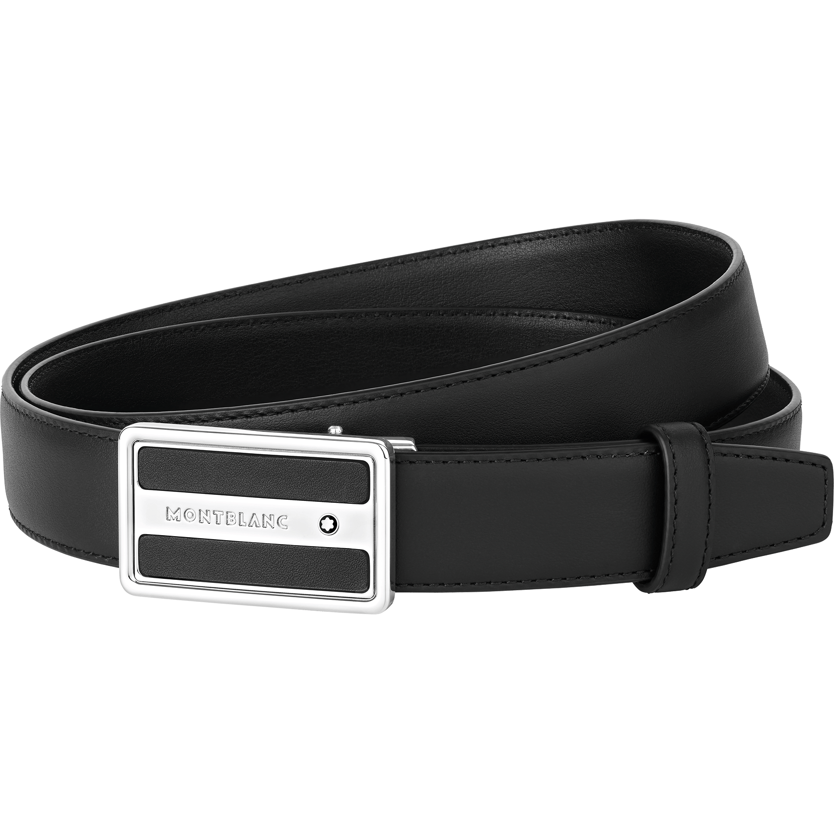 Shiny Stainless Steel and Black Leather finish Buckle Belt, image 1