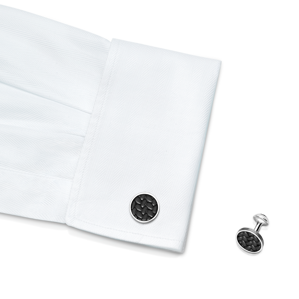 Cufflinks, round in stainless steel with leather and "Grains de Riz" motif, image 2